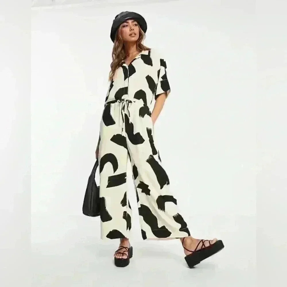 Monki oversized wide leg jumpsuit with tie waist in abstract print size XL